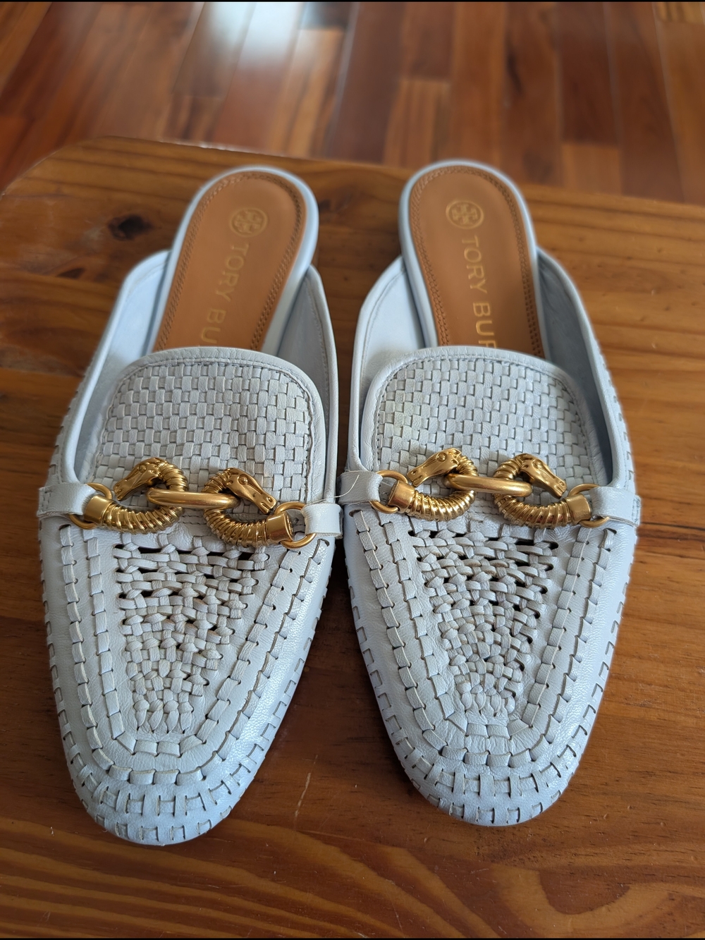 Tory Burch Cream Woven Leather Mule Slides with Gold Chain Accent